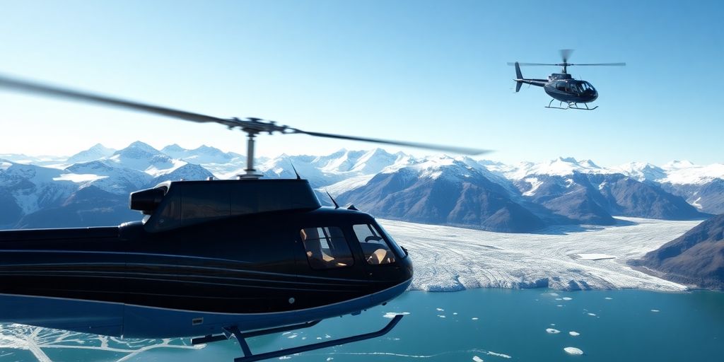 A modern helicopter flies over majestic Alaskan glaciers and mountains.