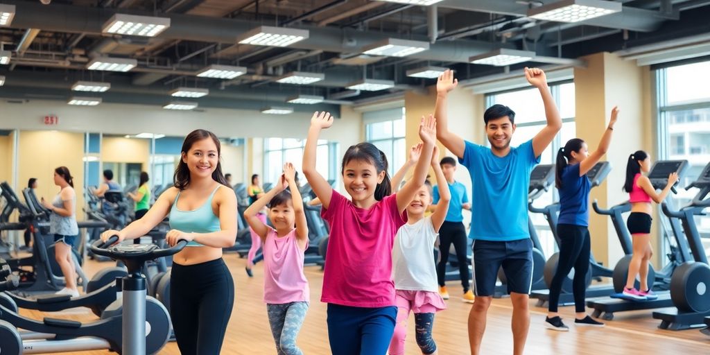 Families enjoying fitness activities in a Hong Kong gym.