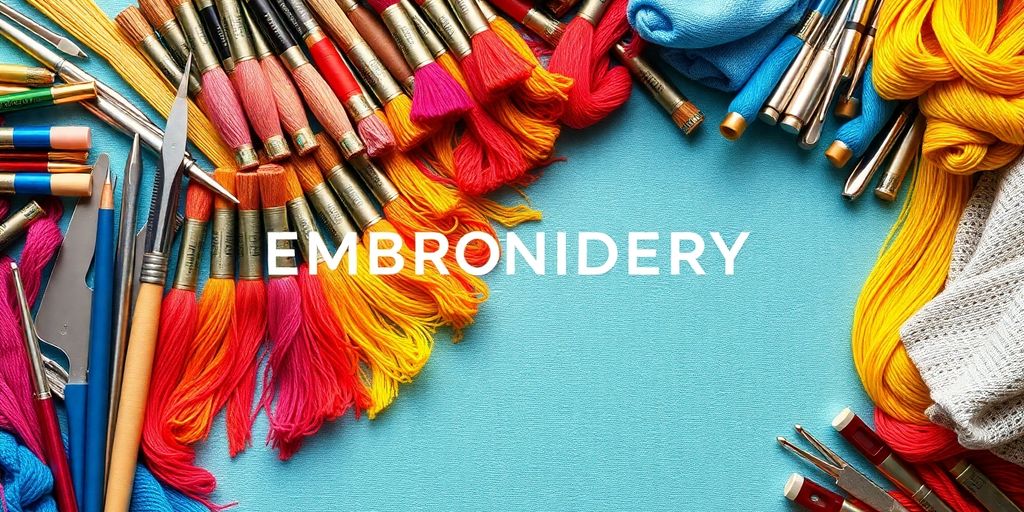 Colorful embroidery threads and tools in an artistic arrangement.