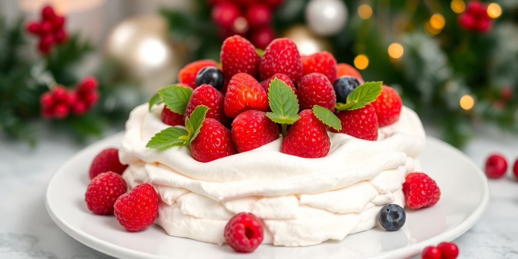 10 Doces para ceia de natal 3 Pavlova de frutas vermelhas em um prato branco.