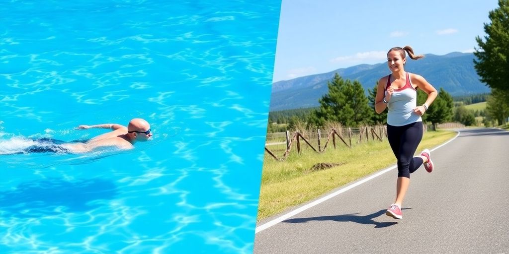 Swimmer and runner in dynamic motion side-by-side.