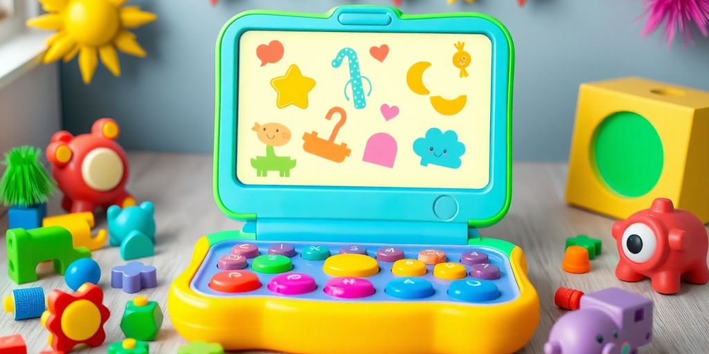 Interactive kids laptop with colorful buttons and playful design.