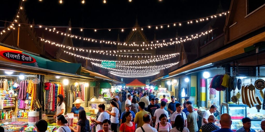 Colorful market stalls in Chiang Mai at night.