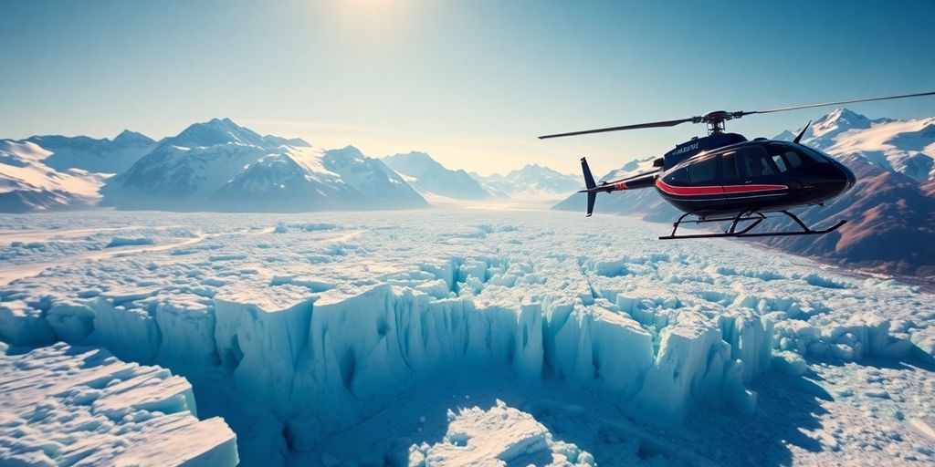 A helicopter flies over a vast, pristine Alaskan glacier.