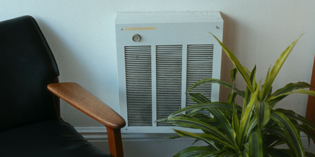 A room with a chair and a heater
