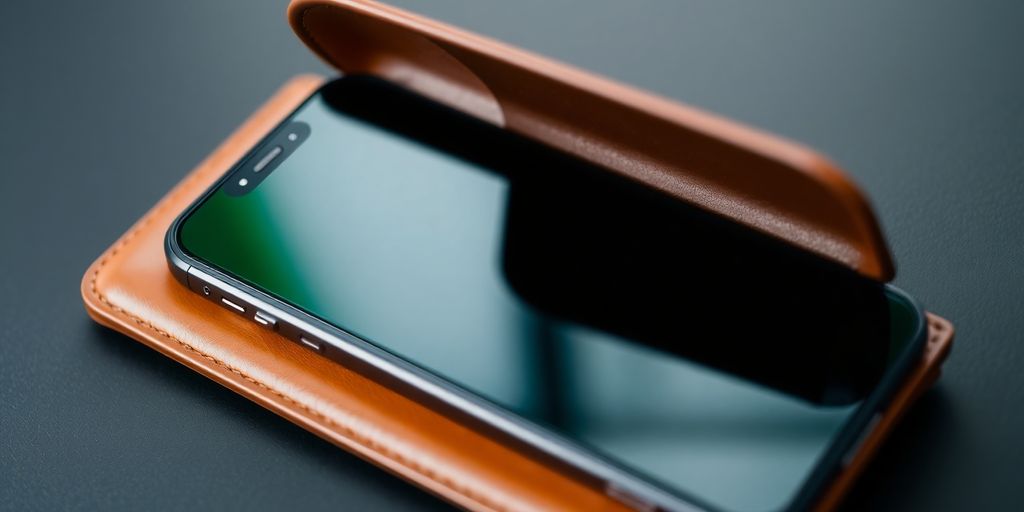 iPhone 11 in a leather wallet case.