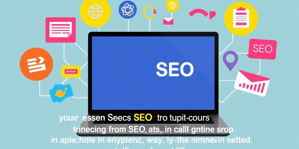 Laptop with SEO video and colorful SEO-related icons.