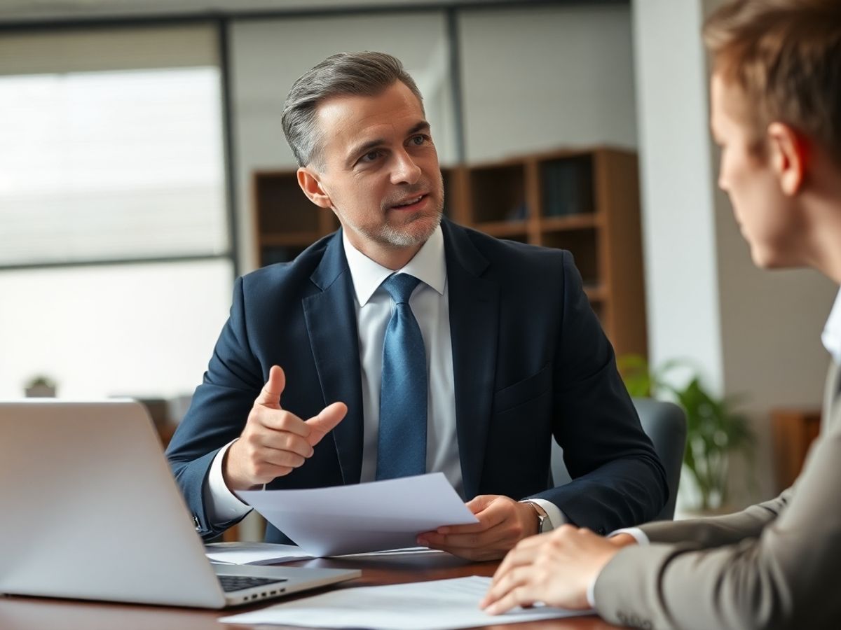 Avocat și client discutând despre litigii comerciale.