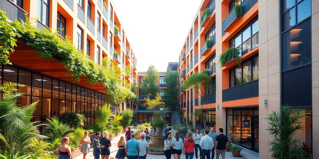 Modern urban center featuring vibrant architecture and an open courtyard.
