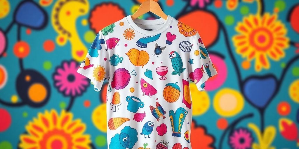 Colorful t-shirt with quirky designs for work vibes.