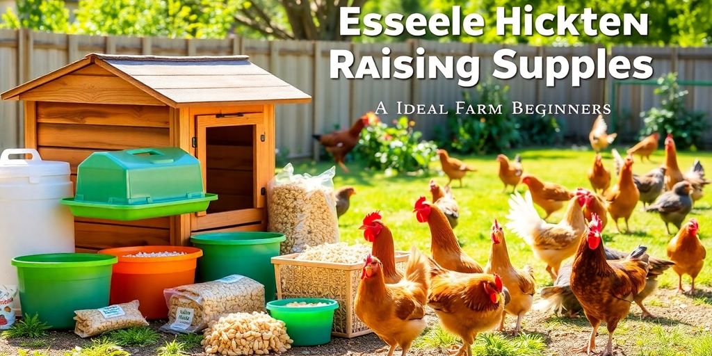 Essential supplies for raising chickens in a backyard.
