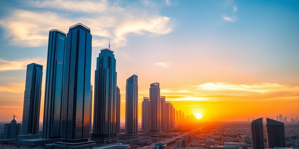 Dubai skyline at sunset with iconic skyscrapers.