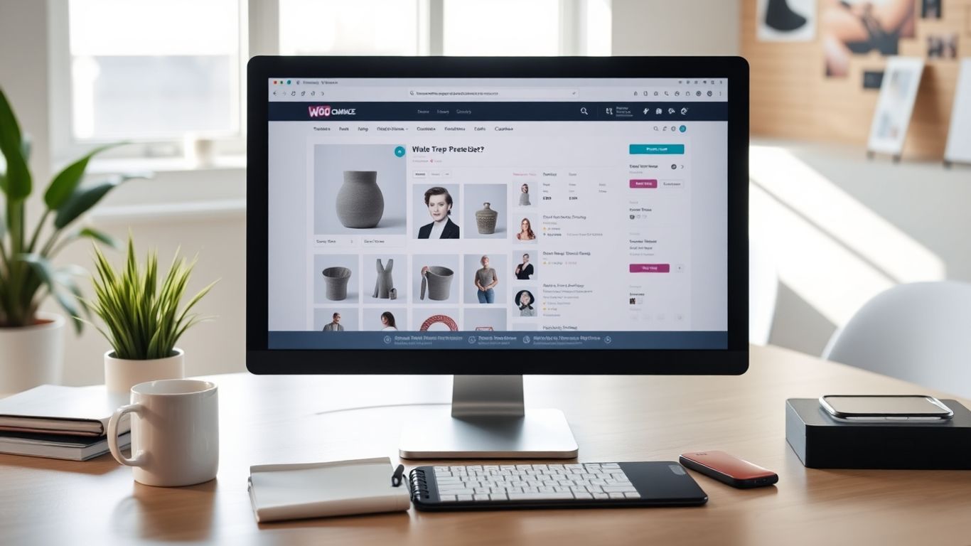 Modern workspace with WooCommerce product page on computer