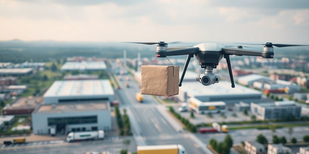 Drone livrant un colis au-dessus d'une ville moderne.