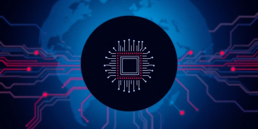 Chinese flag and globe with AI chip.