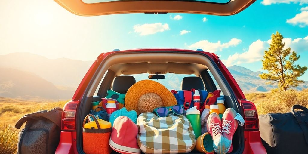 Ein Auto voller Urlaubsutensilien bereit für das Abenteuer.