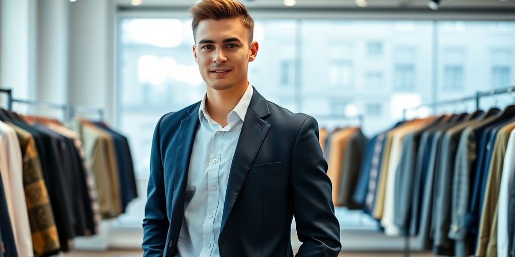 Мужчина в стильной одежде позирует у витрины