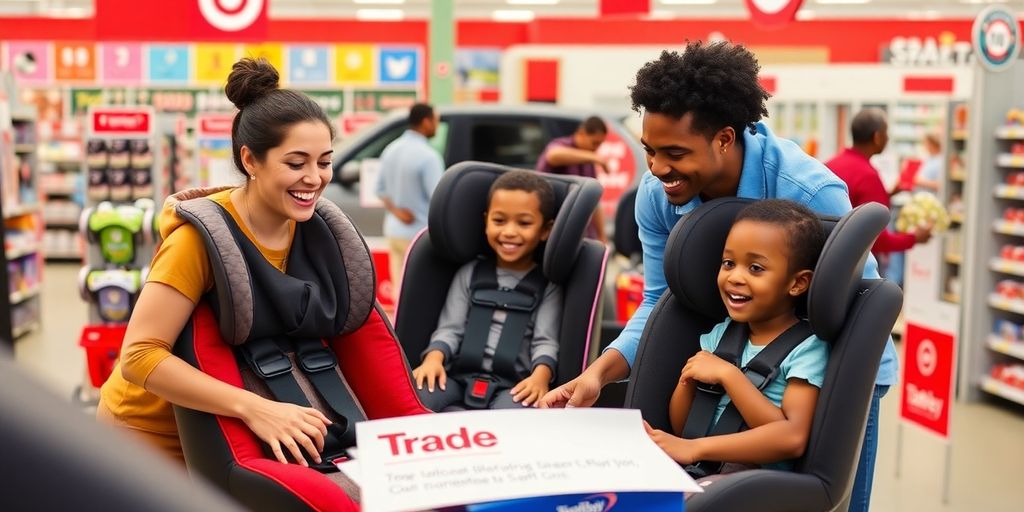 Family trading in car seats at Target event.