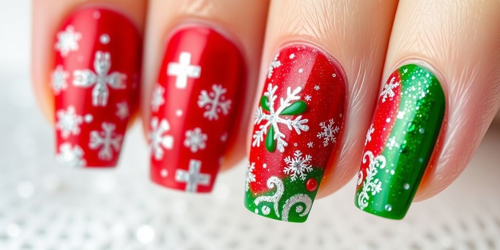 Unhas decoradas com temas natalinos em cores vibrantes.