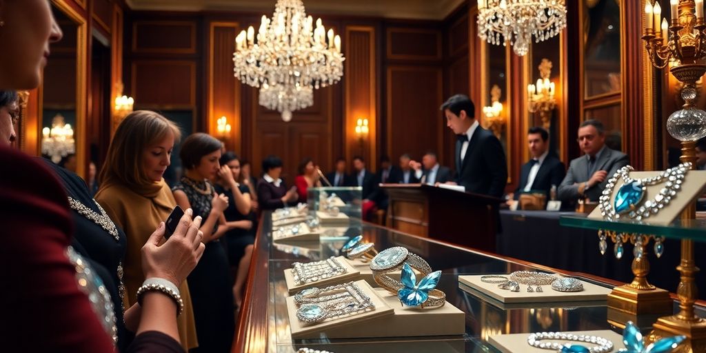 Enchères de bijoux avec des enchérisseurs attentifs.