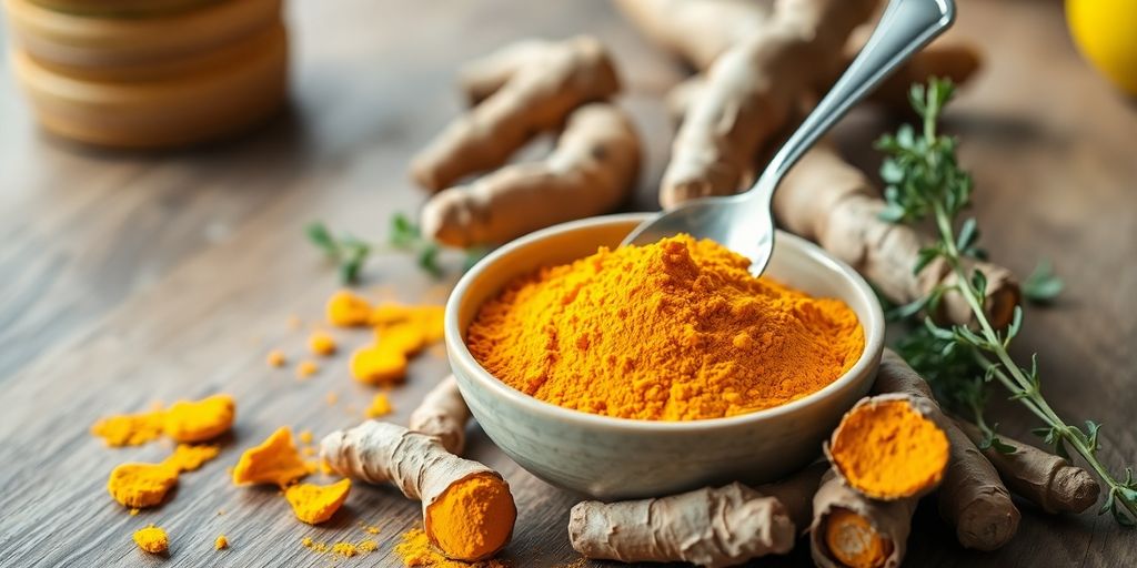 Turmeric roots and bright powder in bowl with metal spoon