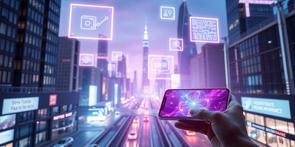 Futuristic cityscape with holographic augmented reality overlays.