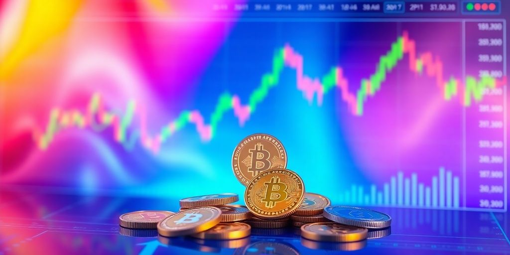 Modern digital cryptocurrency trading interface with coins.
