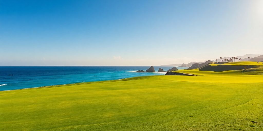 Pristine golf course with ocean views, contrasting a budget option with a luxury destination.