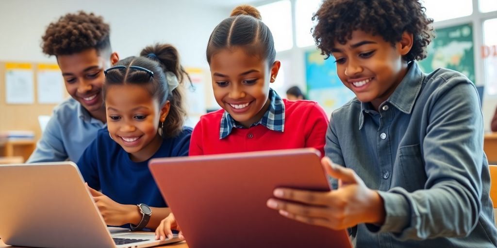 Students using laptops in a colorful classroom setting.