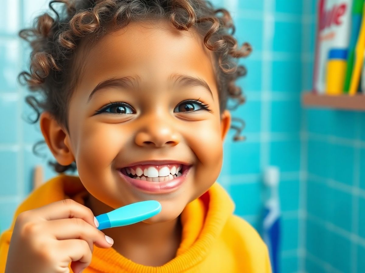 Copil zâmbind în timp ce se spală pe dinți.