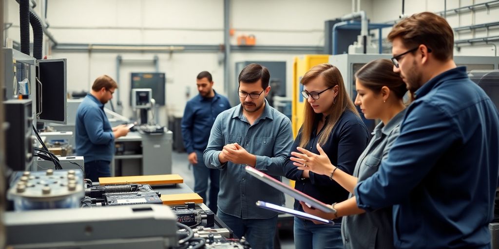 Werkvertrag-Fallbeispiel: Prozessoptimierung in der Produktion mit Akliman Mitarbeiter in einem modernen Produktionsumfeld bei der Schulung.
