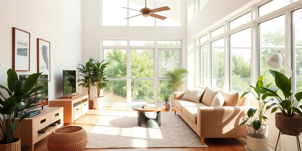 Bright small living room with natural light and plants.