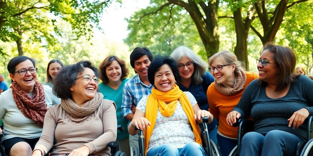 Grupo diverso de pessoas com deficiência em atividade comunitária.