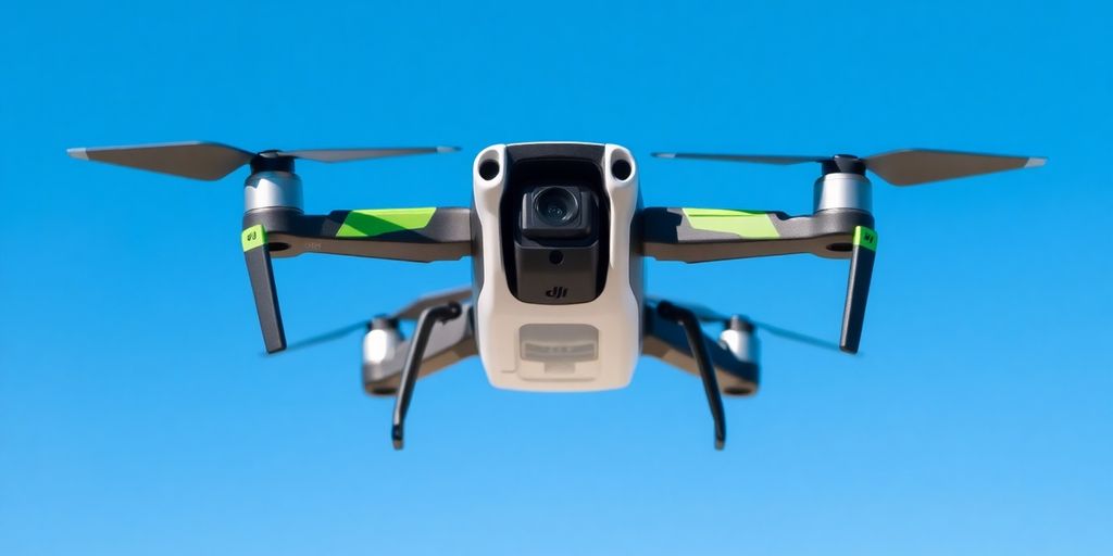 DJI Mini 3 Pro drone flying in a blue sky.