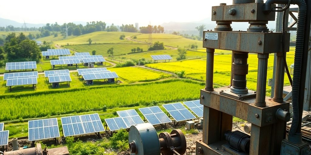 Presse hydraulique et panneaux solaires dans un paysage asiatique.