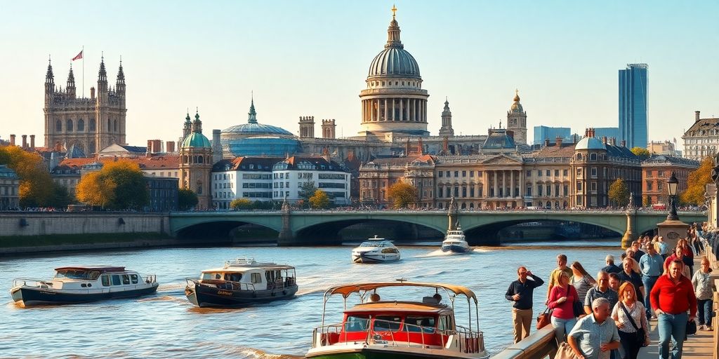 Historic London skyline, Thames River, classic architecture, diverse people.