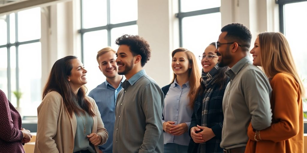 Groep mensen lachend, geanimeerd discussiërend
