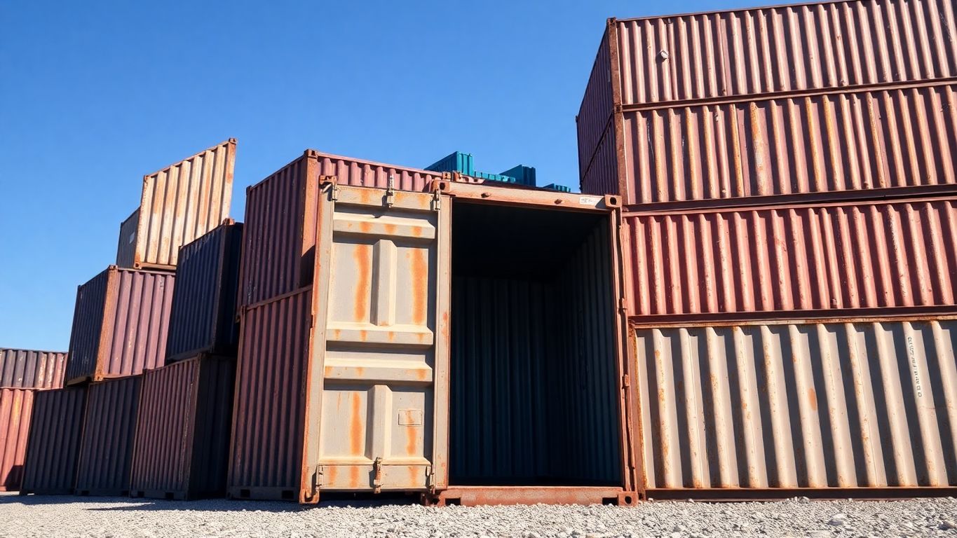 Stack of used steel storage containers under blue sky.