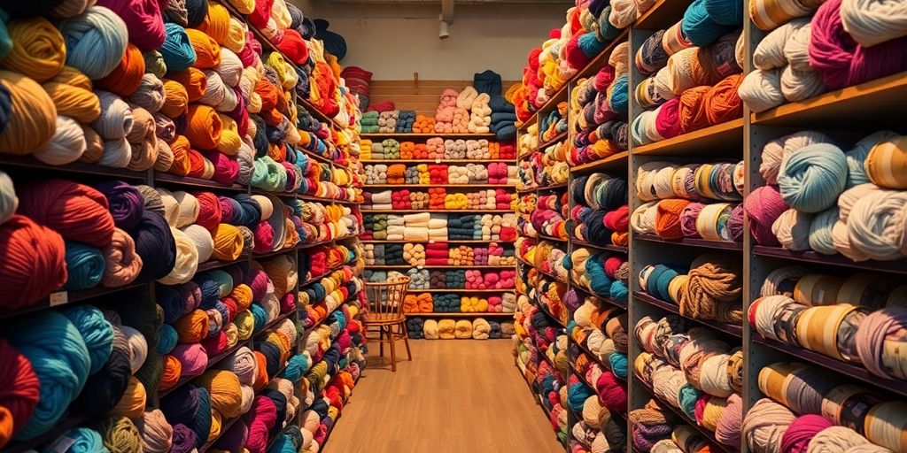 Cozy knitting shop interior with colorful yarn displays.