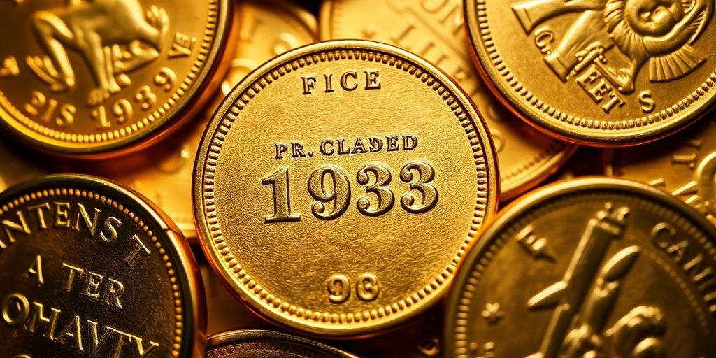 Close-up of pre-1933 gold coins arranged artistically.