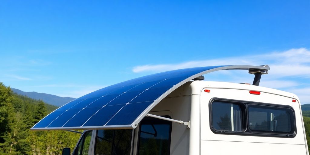 Flexible solar panel on a converted van in nature.