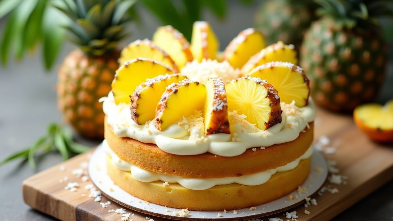 Bolo gelado de abacaxi e coco decorado.