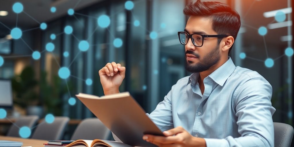 Professional studying blockchain certification in a modern office.