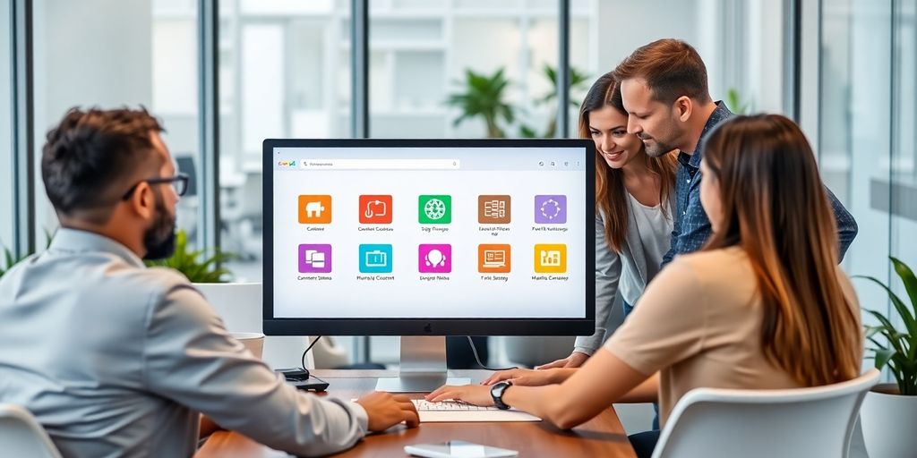 Teamarbeit in modernem Büro mit Computer und Icons.