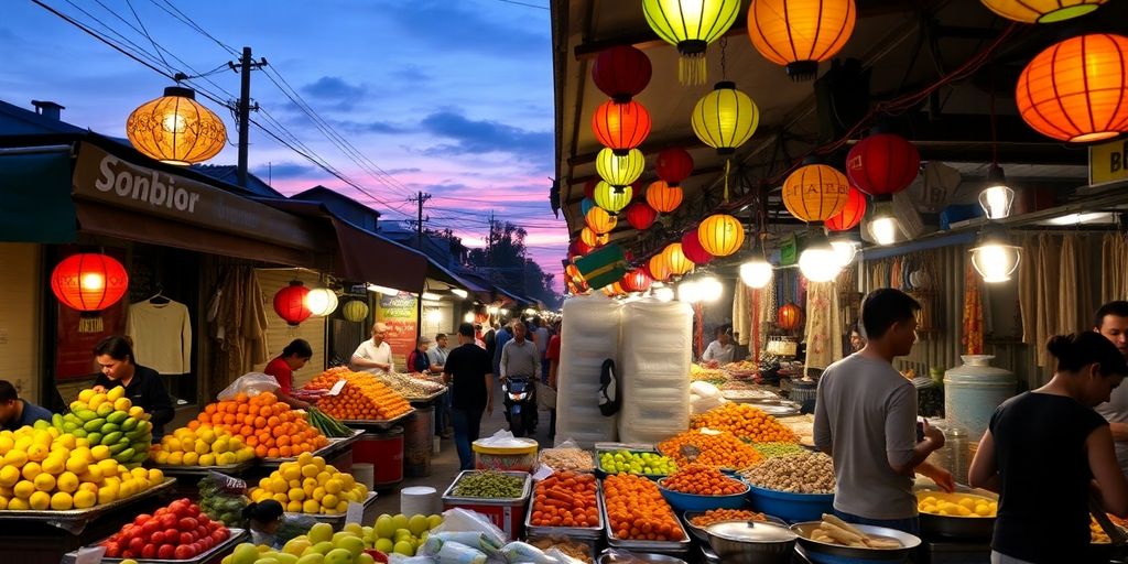 Vibrant Southeast Asian street food market at dusk.