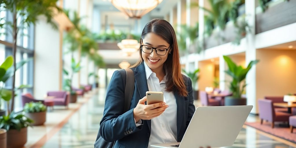 Business traveller using technology in a Singapore hotel lobby.