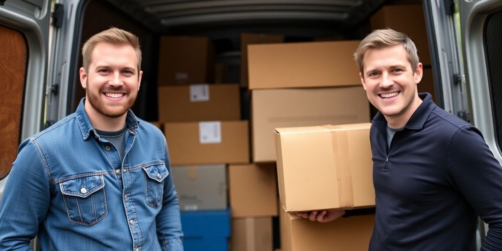 Two men next to a van with moving boxes.