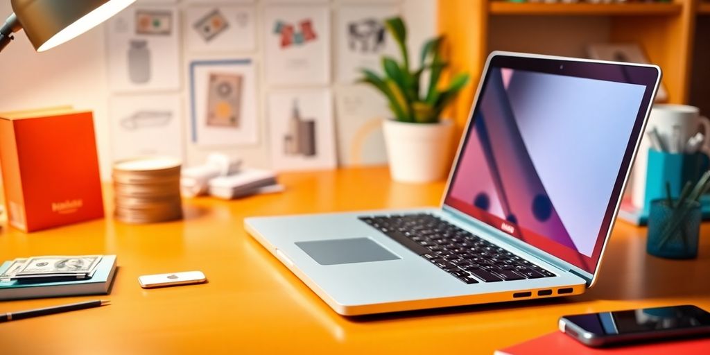 Laptop with money and product images on a desk.