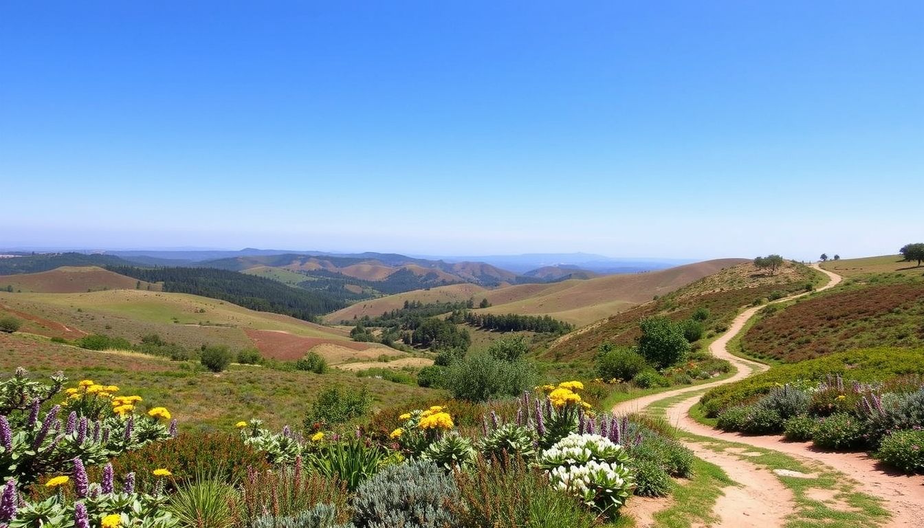 Diverse landscape with plants, hills, and a winding path.