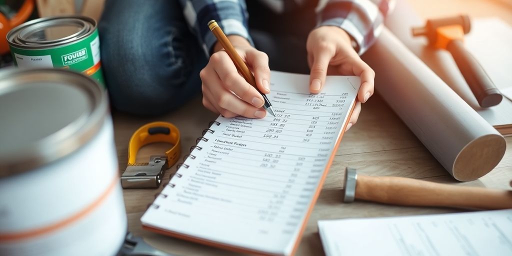 Person budgeting for home repairs with tools nearby.